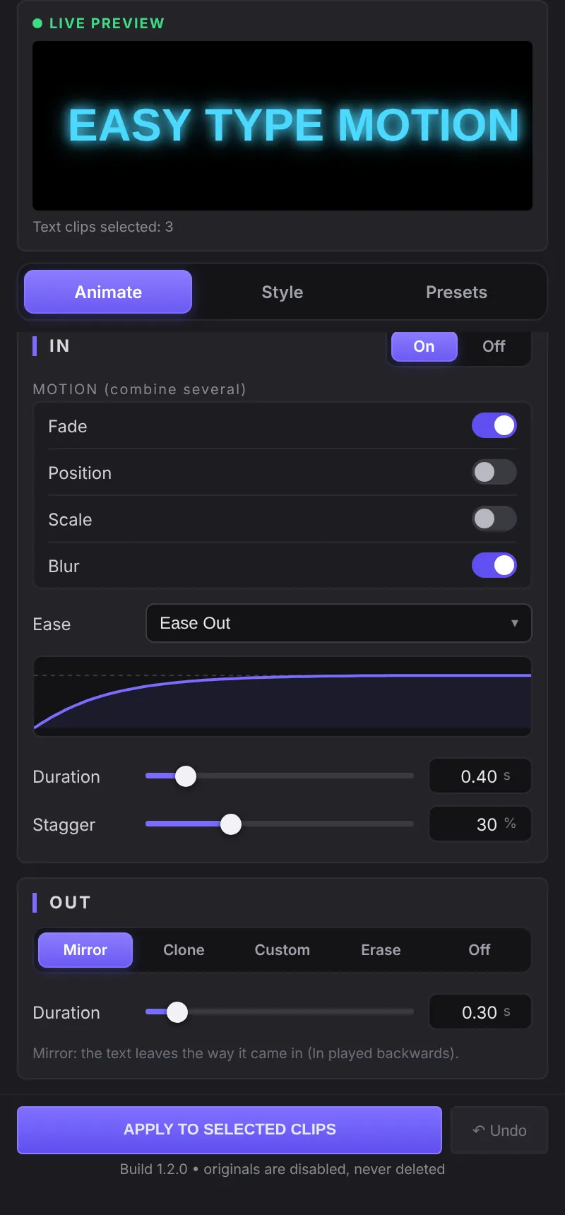 Easy Type Motion Animate tab with In motions, easing curve, duration, stagger and Out modes