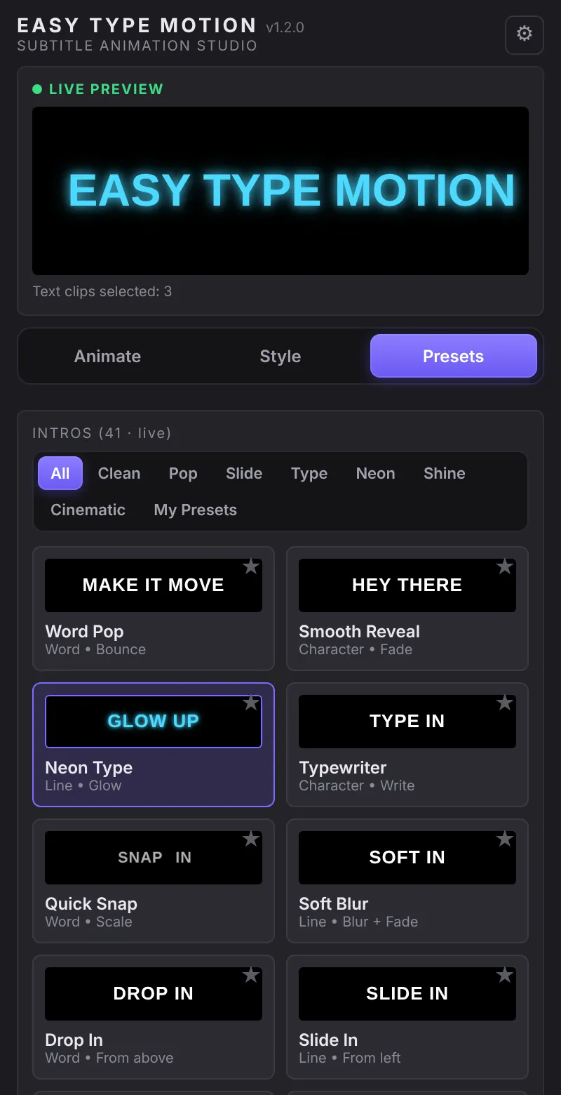 Easy Type Motion Presets tab showing preset categories and animated preset cards
